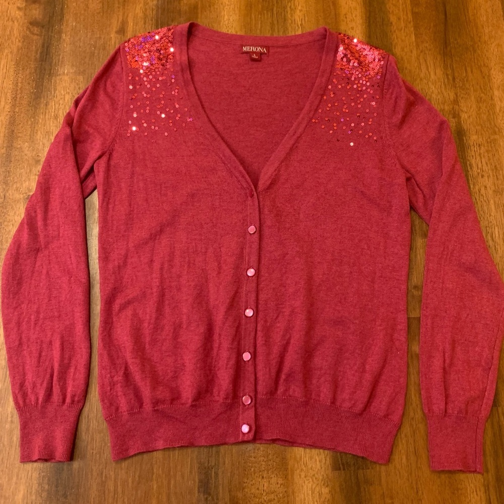 Merona cardigan sweater large wine color with sequins on shoulders button up